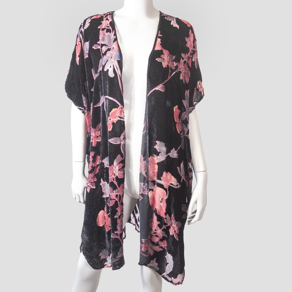 Angie Black Purple Floral Velvet Burnout Kimono Womens L Open Front Whimsigoth